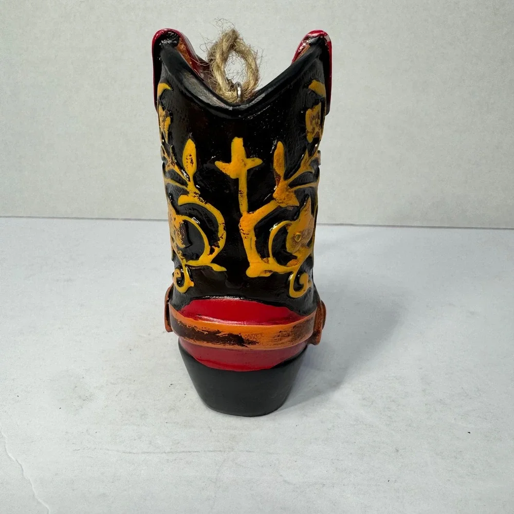 Western Cowboy Boot Ornament Red Black Yellow Filigree Resin‎ 4 Inch Hanging EUC